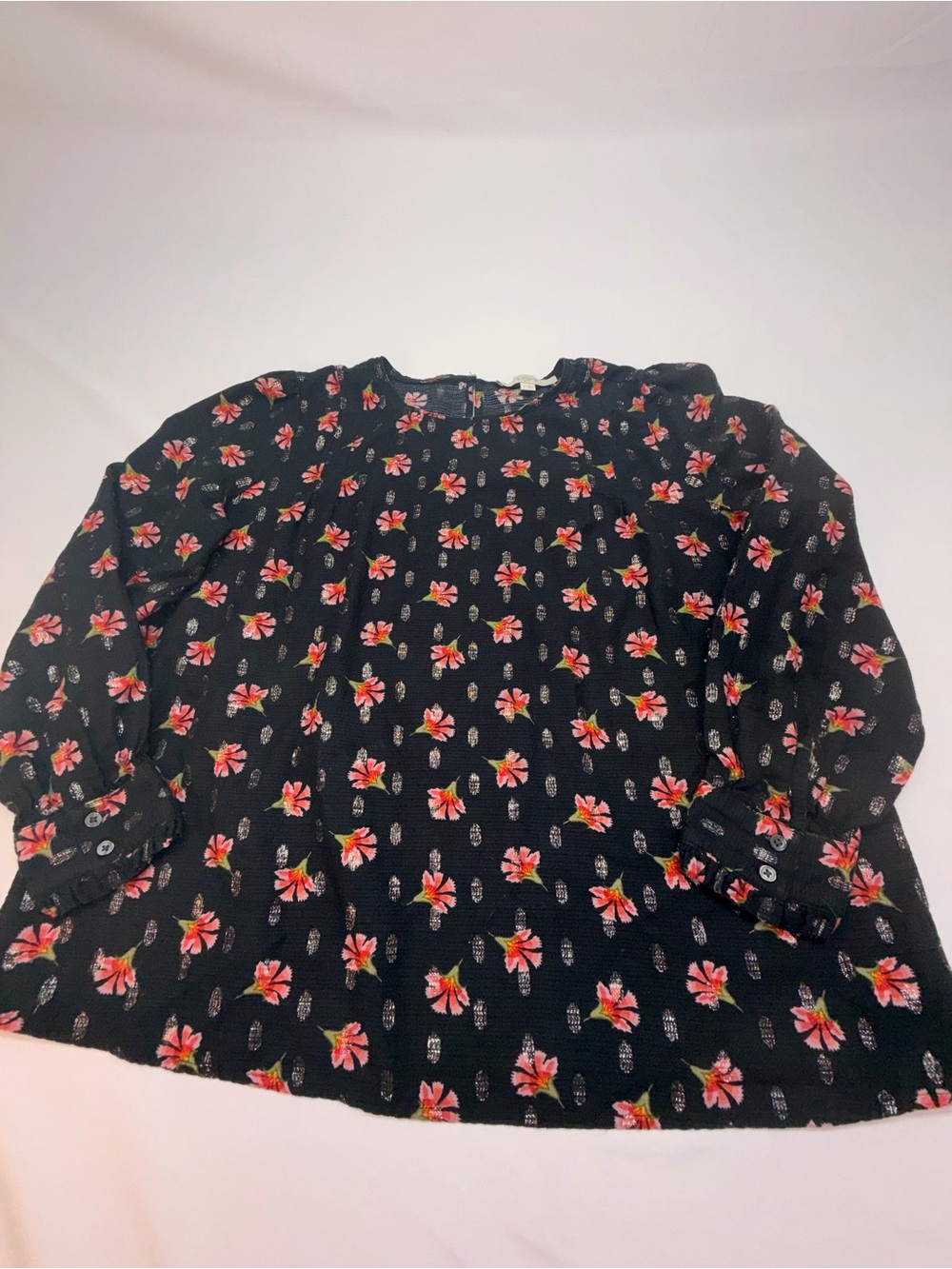 LOFT Women’s Large Black Floral Blouse Metallic Thread Long Sleeve Pleated